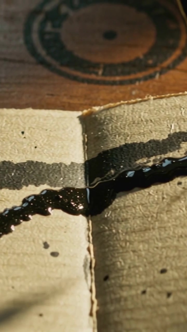 Video verticale: Strumento che eroga un nastro nero lucido lungo una striscia stampata, cucitura sul coperchio di una scatola su tavolo di legno.