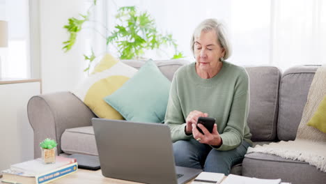 Senior-woman,-computer-and-phone-on-sofa