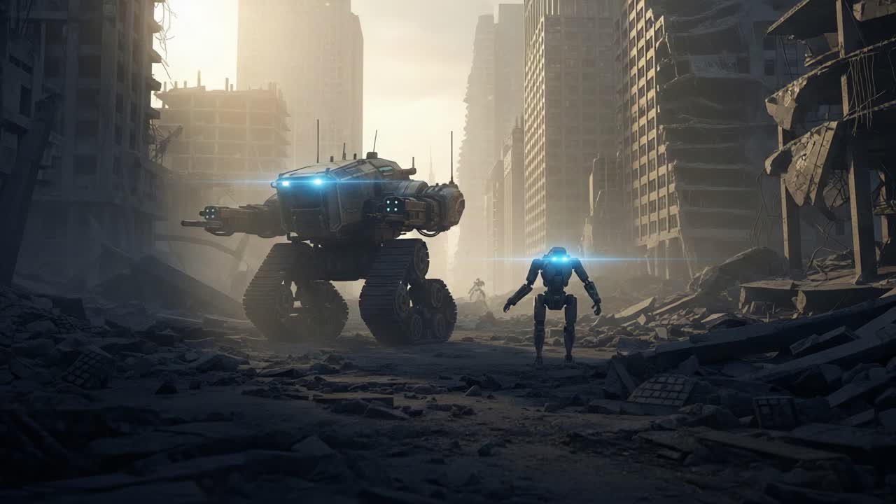 Exploring a Futuristic Ruin: A Robotic Scout and Its Armored Vehicle Navigate the Desolate Landscape of a Post-Apocalyptic City, Unraveling Hidden Secrets of the Past