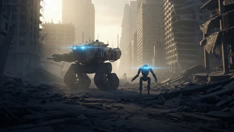 exploring a futuristic ruin: a robotic scout and its armored vehicle navigate the desolate landscape of a post-apocalyptic city, unraveling hidden secrets of the past