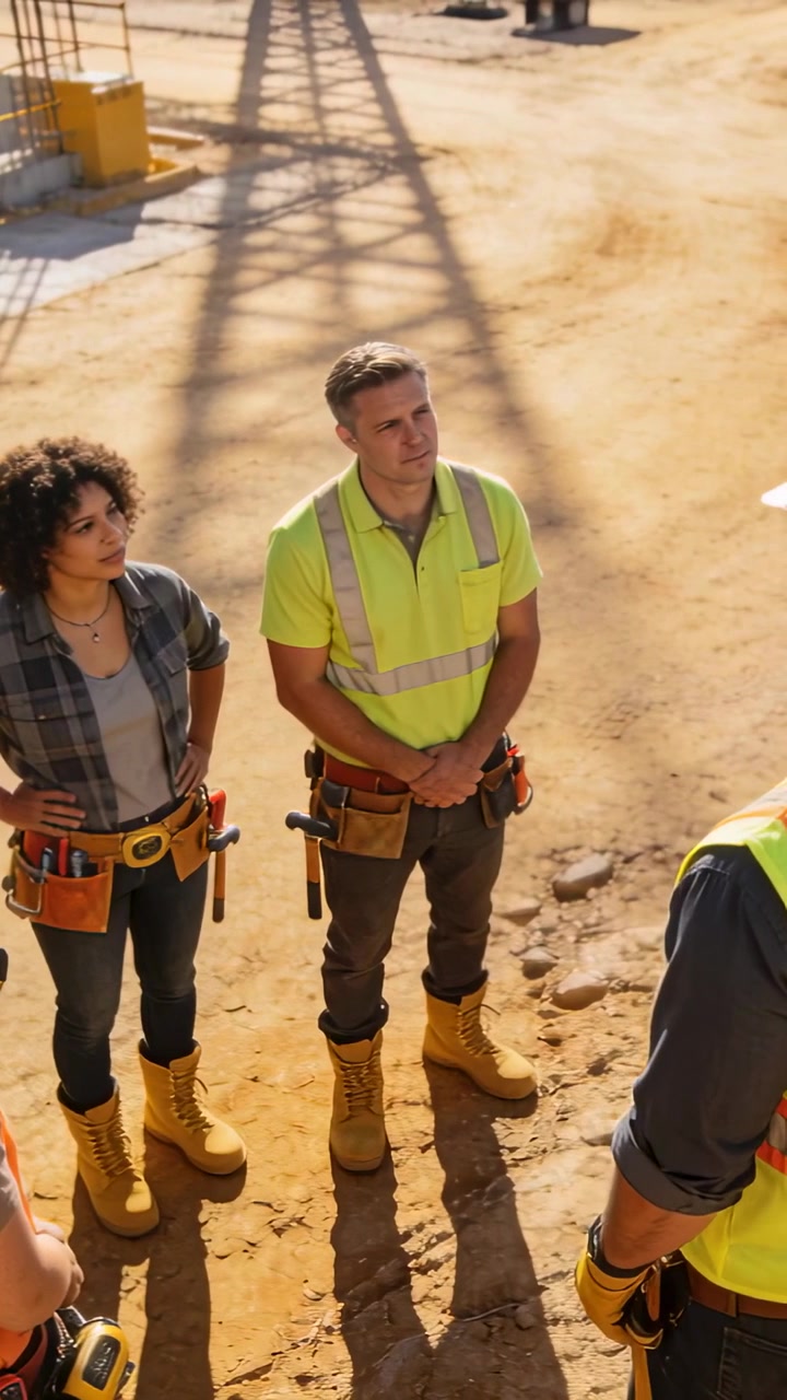 Vertical video: Heeding foreman pointing, crew getting safety brief on worksite in hivis vests