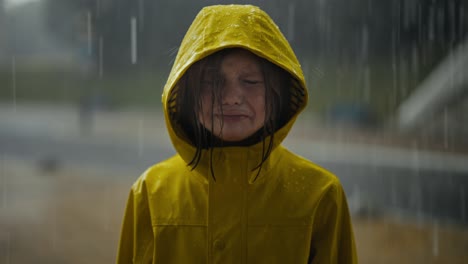 Porträt-Eines-Traurigen-Teenager-Mädchens-In-Einer-Gelben-Jacke,-Das-Im-Regen-Steht-Und-Bei-Regenwetter-Auf-Der-Straße-Weint