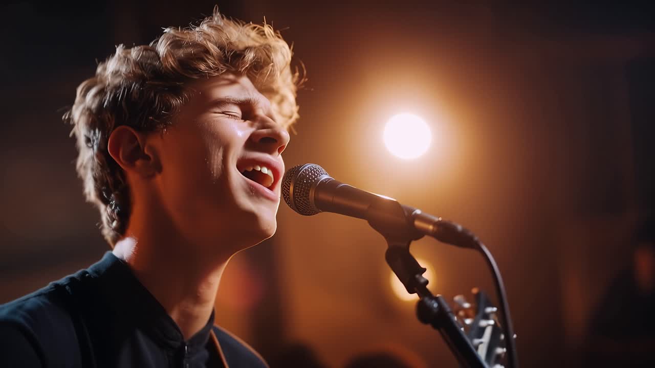 Young Man Singing Emotionally into Microphone with Guitar