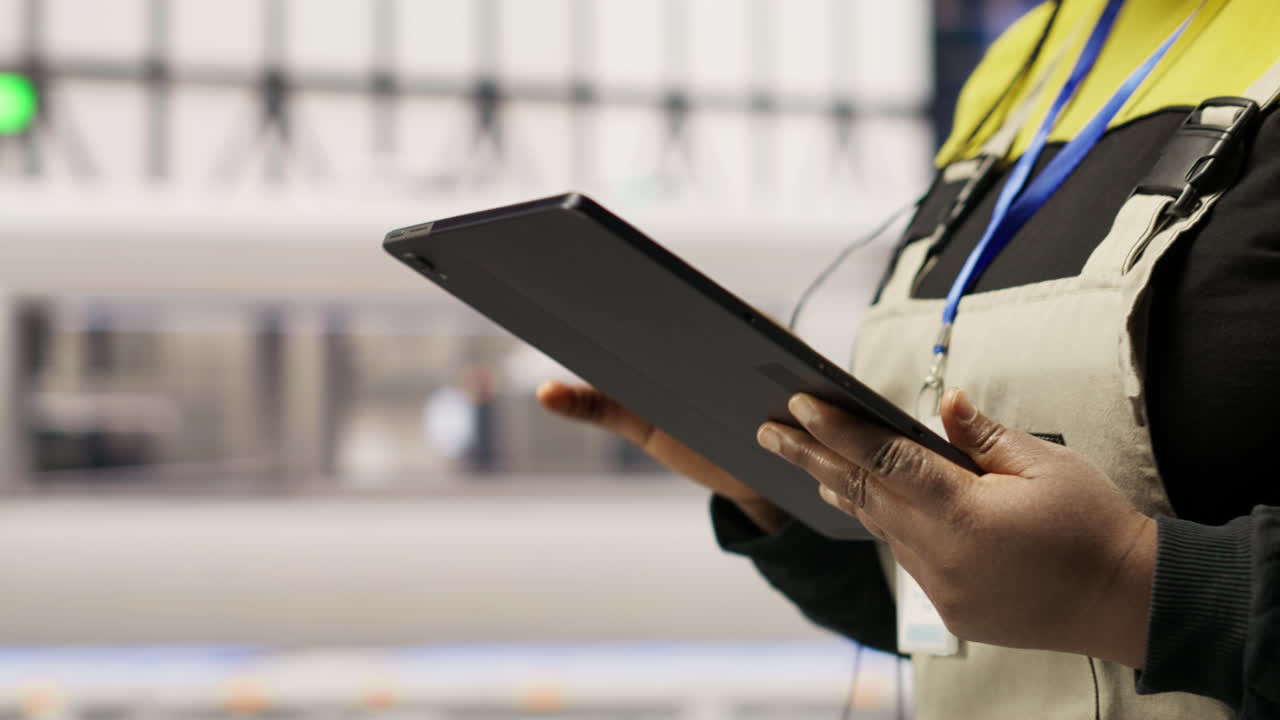 Vertical video Engineer in smart solar manufacturing facility calibrating high tech machinery