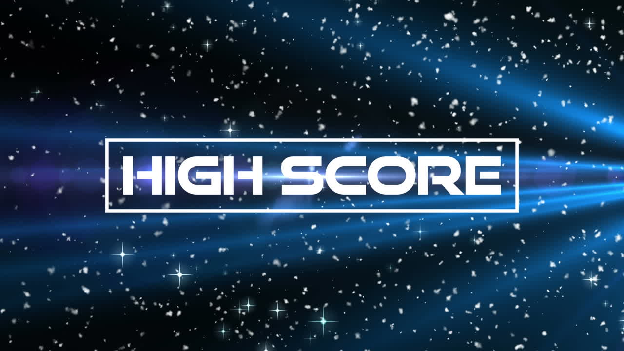 Animation of high score text over lights and stars on dark background
