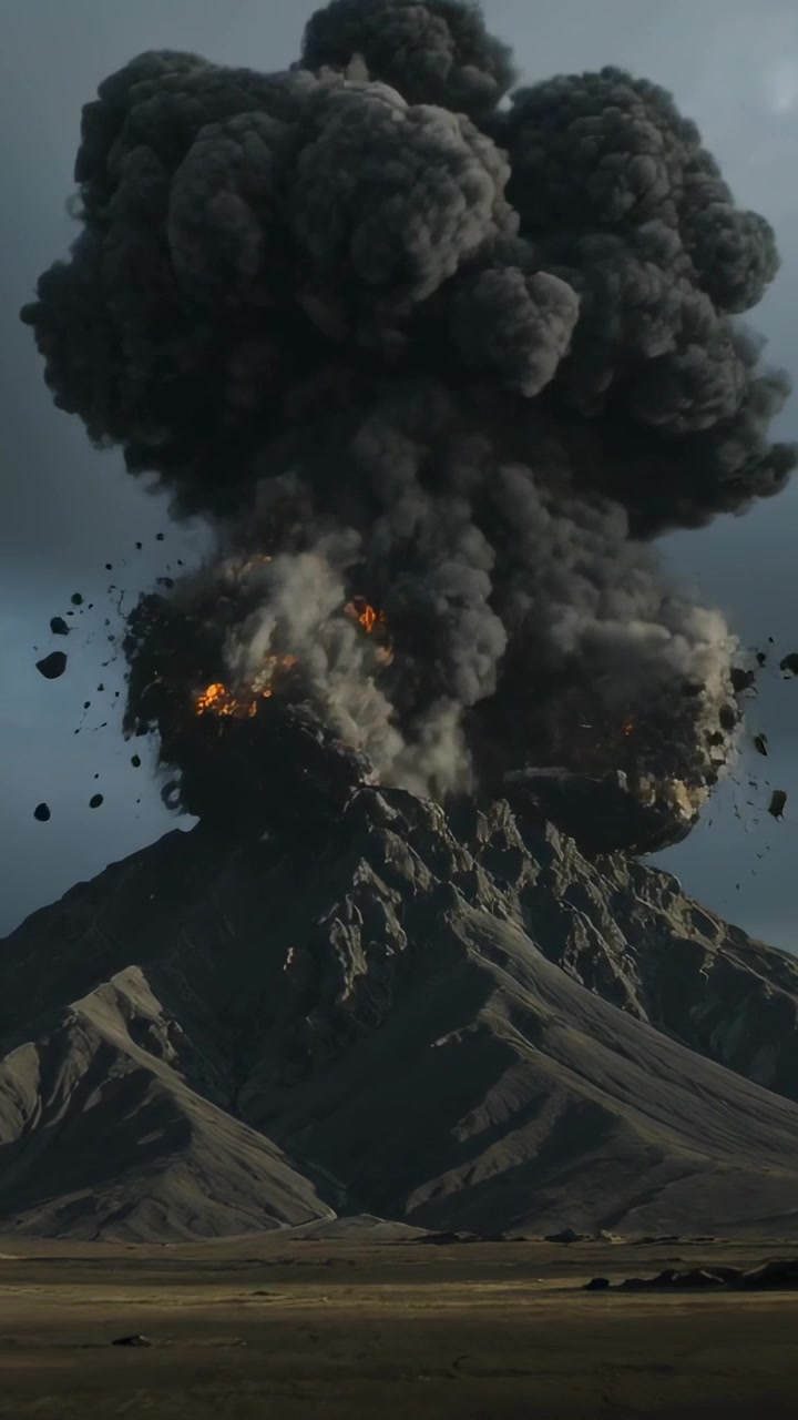 Video verticale: Vulcano in eruzione che rilascia un pennacchio incandescente e una nuvola di cenere, inviando detriti lungo la pianura.