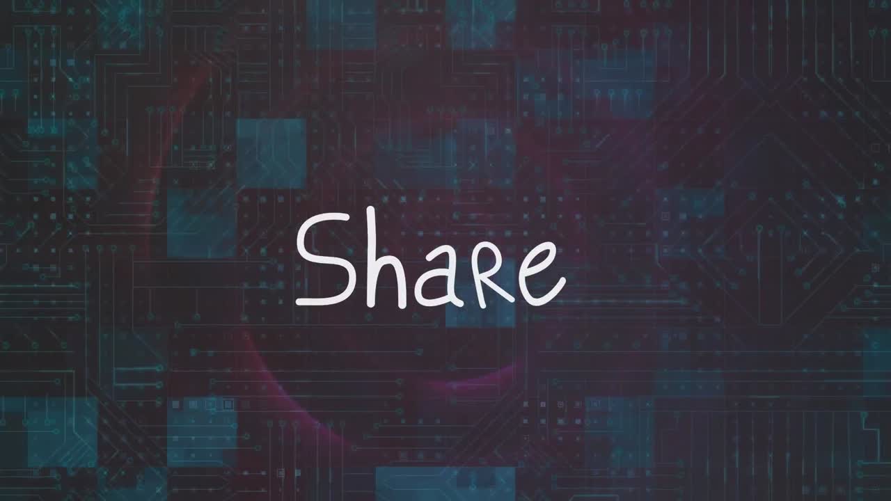 Animation of share text and data processing on black background