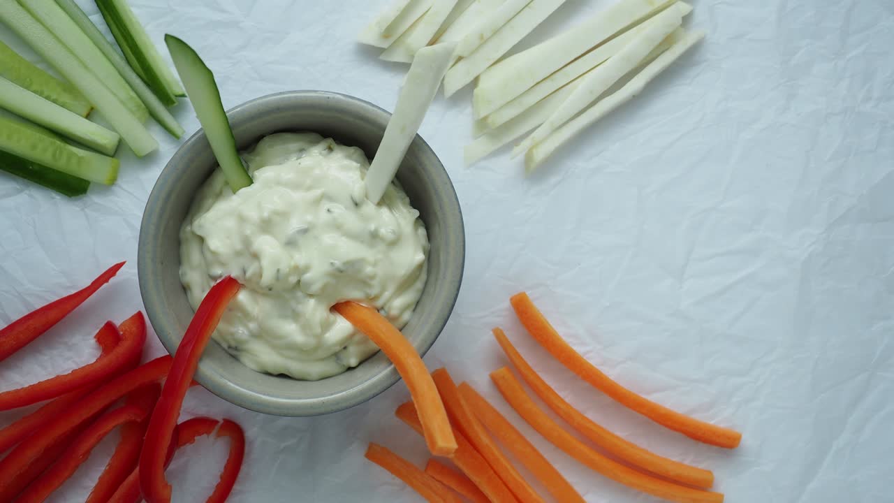 Healthy vegetables and dip snack. Vegetable sticks and dips in the bowl. 4k resolution