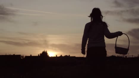 Silueta-De-Mujer-Con-Cesta-En-El-Campo-Al-Atardecer