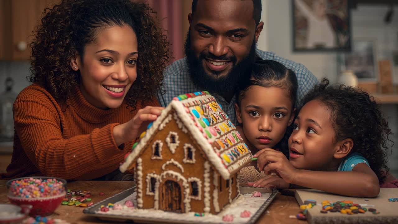 Moeder kiest snoep uit en drukt het op het peperkoekdak in de keuken, met snoepkommen om een traktatie te maken