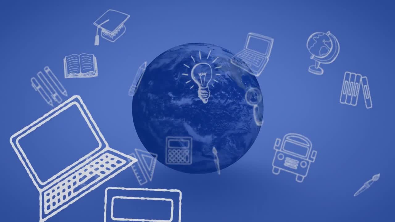 파란색 지구와 파란색 배경 위에 떠있는 학교 아이콘의 애니메이션