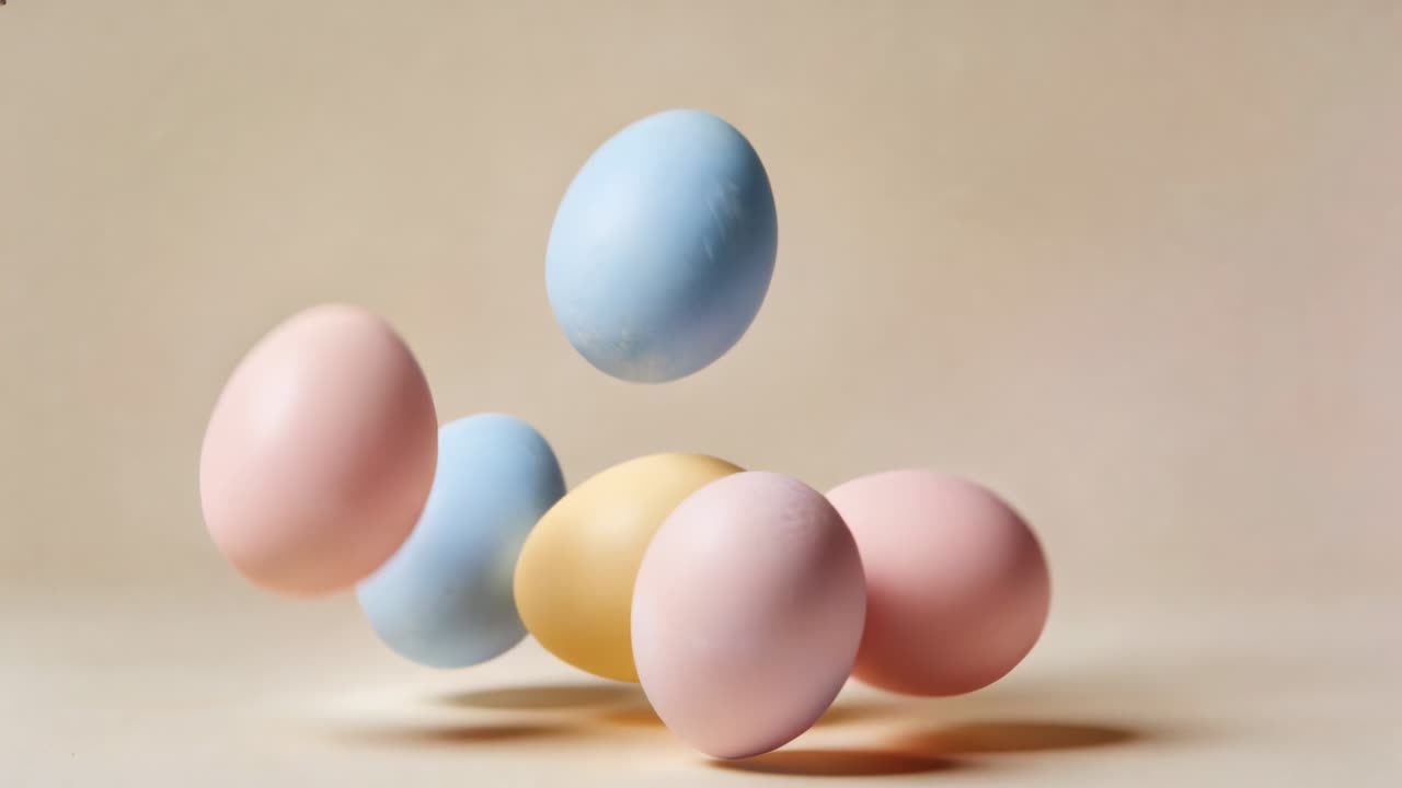 Gently lifting five pastel eggs (pink blue yellow) rolling, stacking and settling on beige tabletop