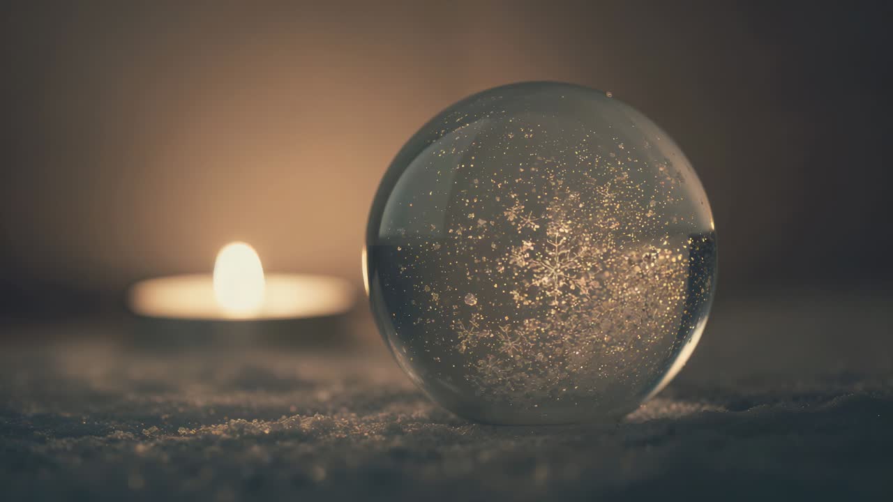 Tealight brightening glass sphere revealing snowflakes, pulling glitter inward on snowy tabletop