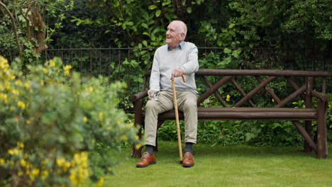 an elderly man sitting on a bench in a garden