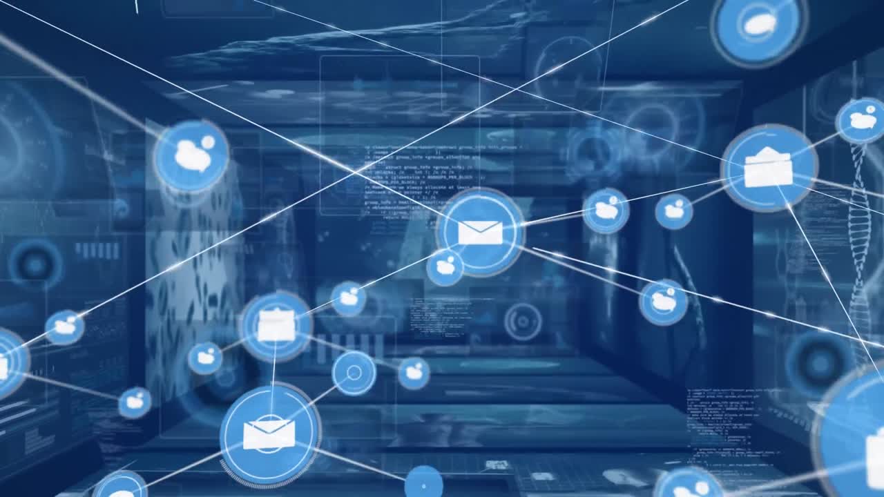 Animazione di una rete di icone digitali su schermi con elaborazione di dati medici.