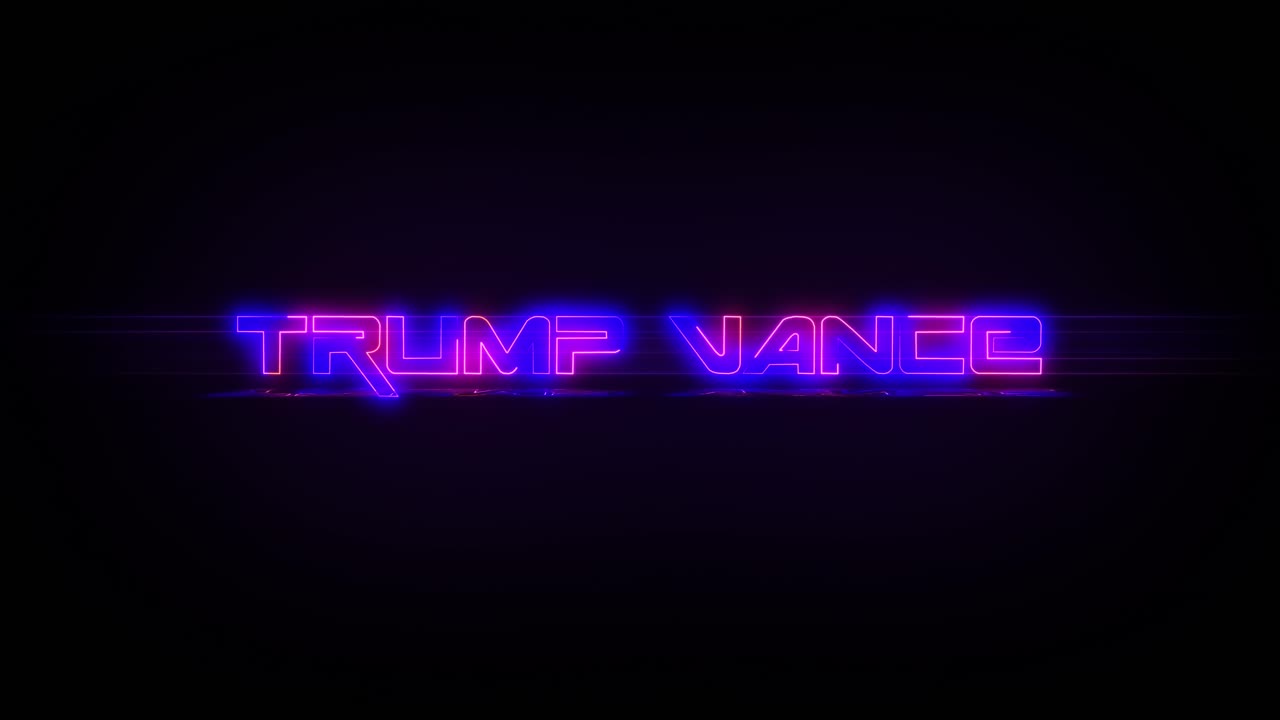 Flashing TRUMP VANCE electric blue and pink neon sign flashing on and off with flicker, reflection, and anamorphic lights in 4k