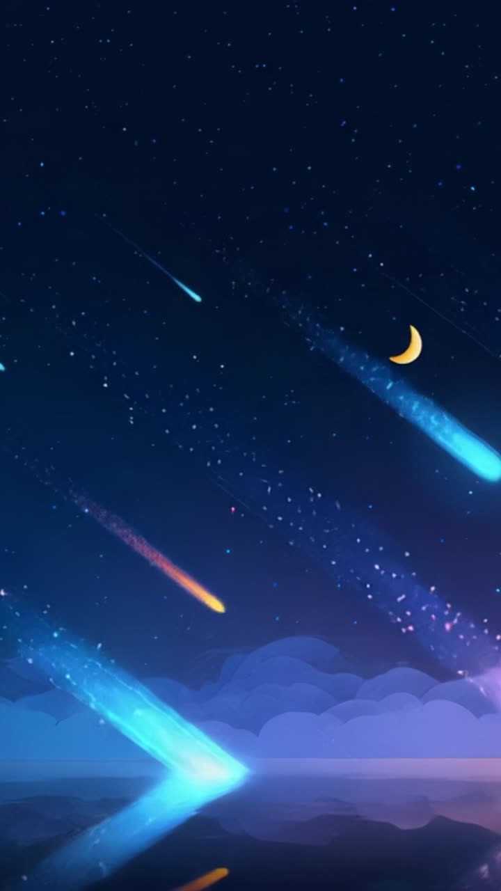 A Breathtaking Night Sky Dominated by Colorful Shooting Stars, a Serene Moon, and a Tranquil Reflection Over Calm Waters in a Mystical Fantasy Landscape