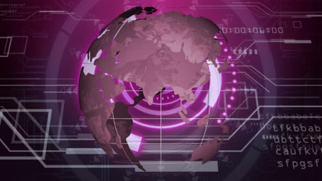 rotating digital globe with pink and purple data processing animation