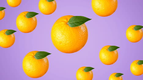 animación de naranjas individuales flotando sobre un fondo púrpura