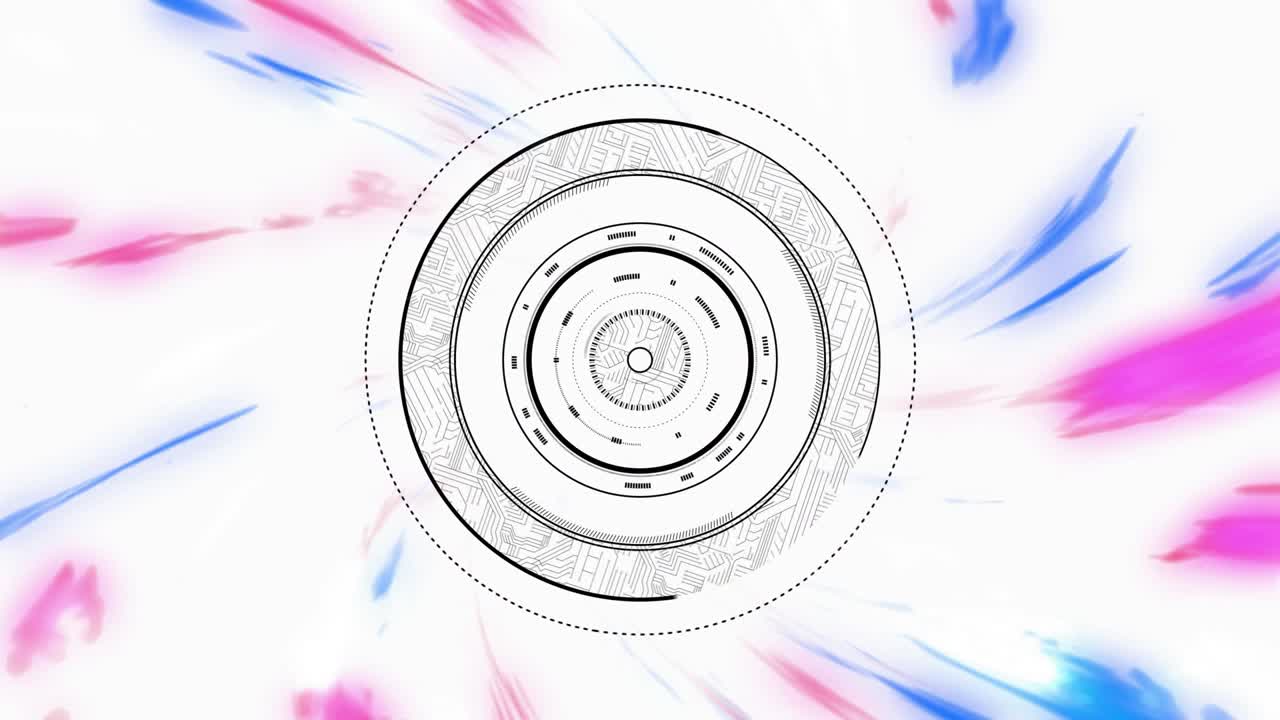 On start pink and blue streaks forming dotted ring rotating bars drawing circuits constructing UI