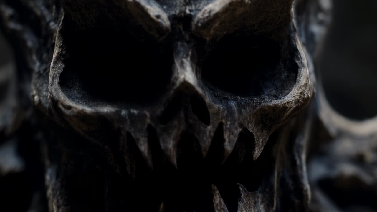 Allontanamento della camera che rivela una scultura simile a un teschio in uno studio poco illuminato, che espone denti inferiori frastagliati