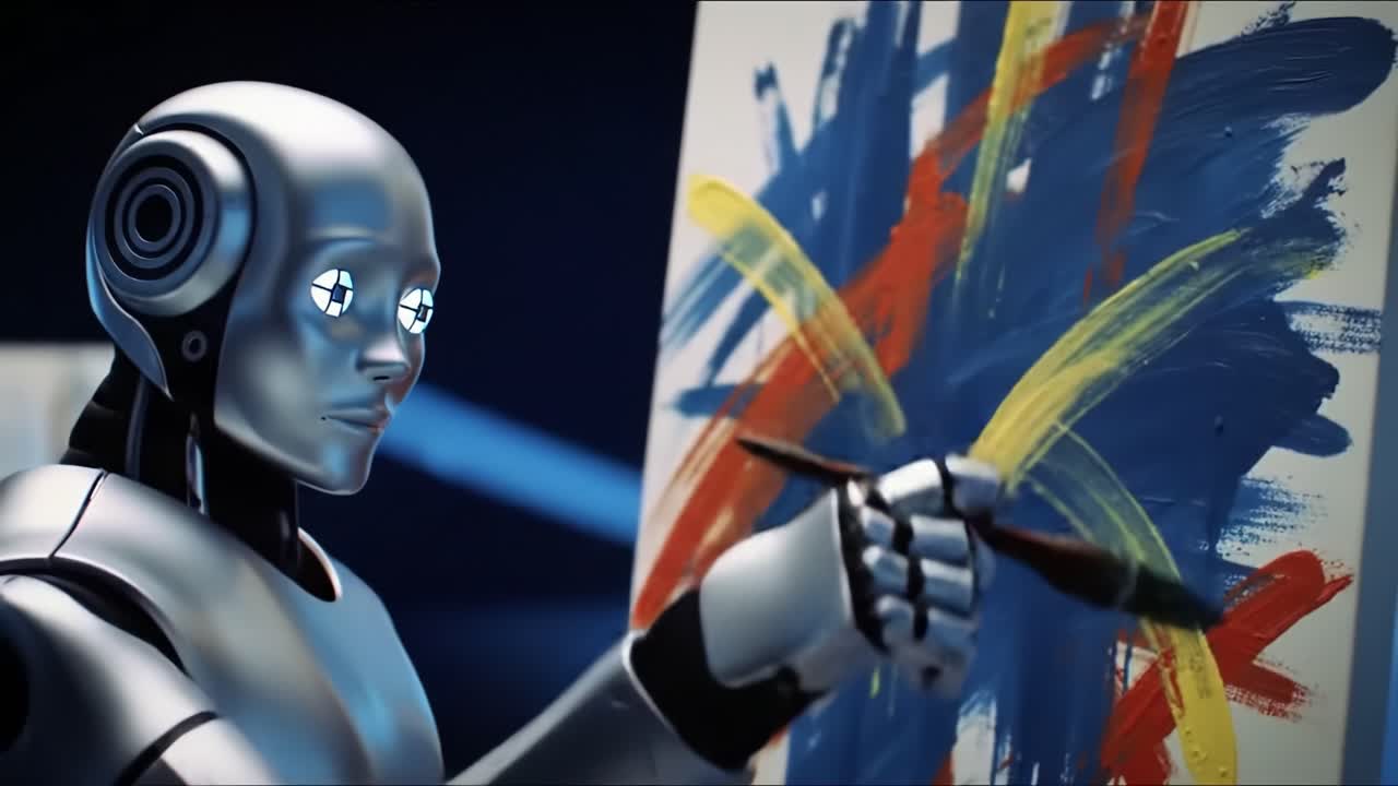 A Futuristic Robot Engaged in Creative Expression with Abstract Painting, Showcasing Human-like Features and Emotional Depth in Art Creation