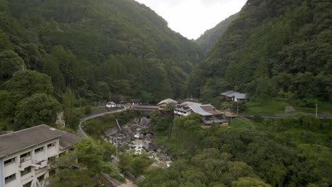 aerial shot over tree and river in rural japan near nakatsu gorge