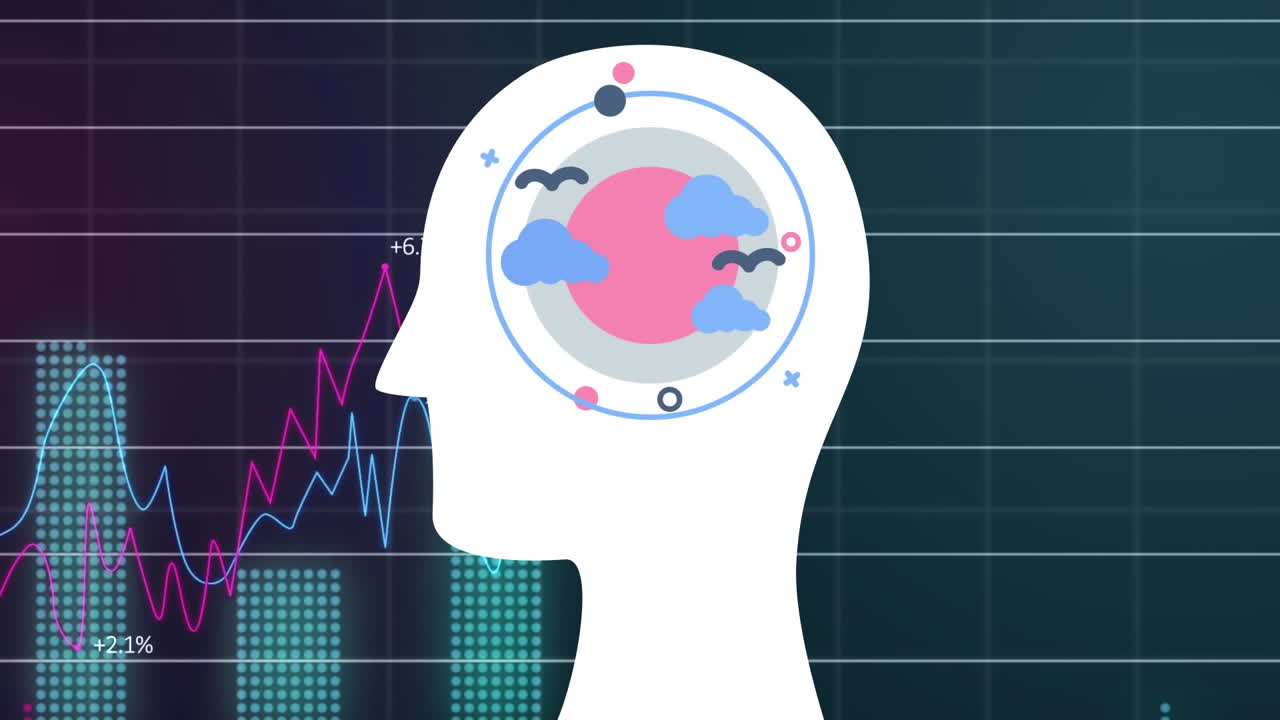 iconos de nubes sobre la cabeza humana contra el procesamiento de datos financieros a través de la red de rejilla sobre fondo azul
