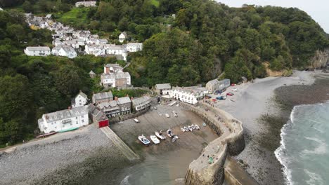 Clovelly--harbour-village-North--Devon,-England.-Aerial-Footage