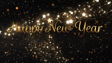 animation of happy new year text, snow and confetti falling over black background