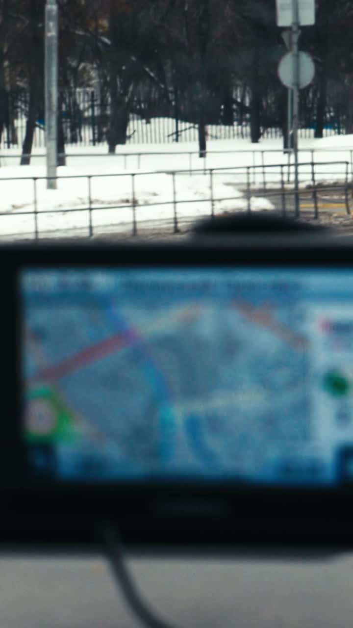 Driving through the city in winter