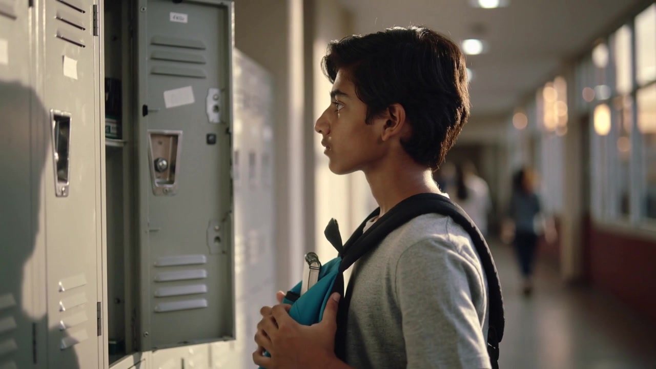 Opening locker student holding notebook tucking bottle adjusting backpack in school between classes