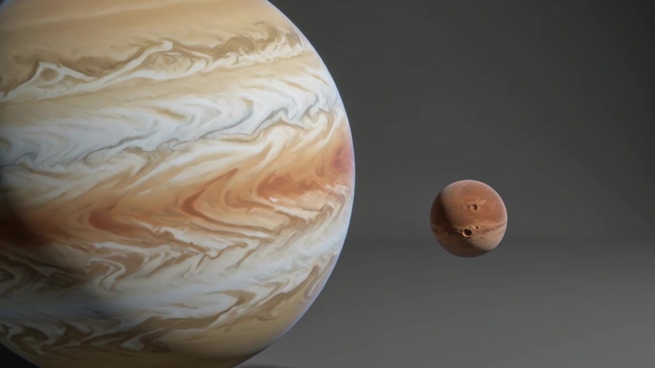 Expanding banded gas-giant sphere moving closer as camera nearing gray studio with small red moon