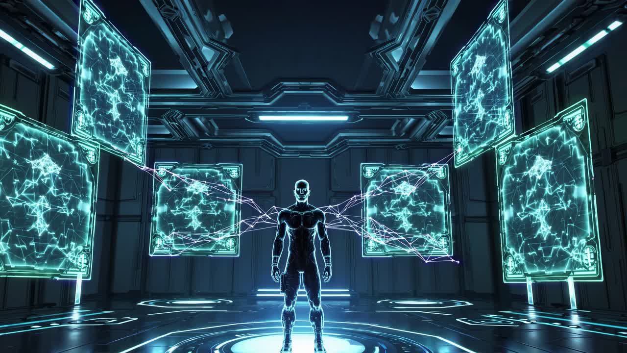 Futuristic Spaceship Room with Holographic Interface