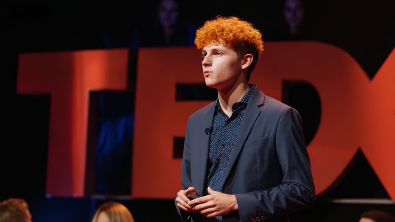 Young Speaker Engages Audience with Insightful Ideas on Stage, Addressing Important Topics with Confidence and Passion During a Powerful Presentation