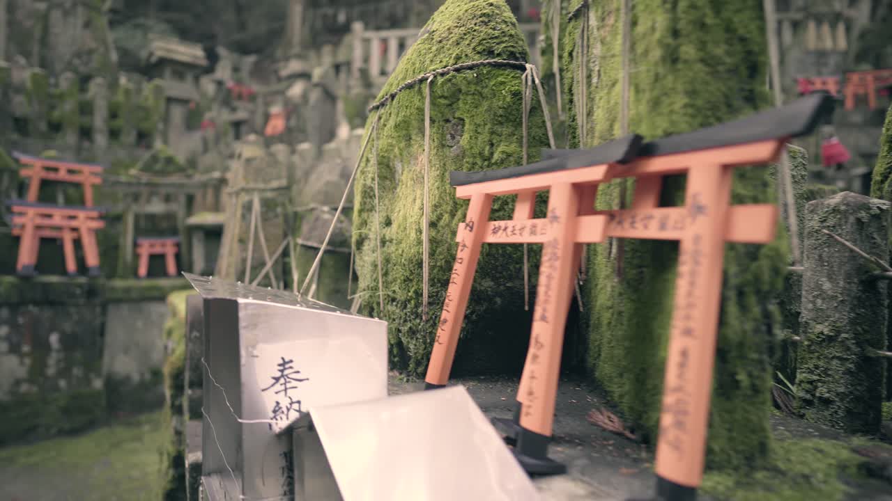 toma panorámica suave de la simbólica y famosa puerta torii miyajima en el santuario fushimi inari al aire libre con monumentos, japón