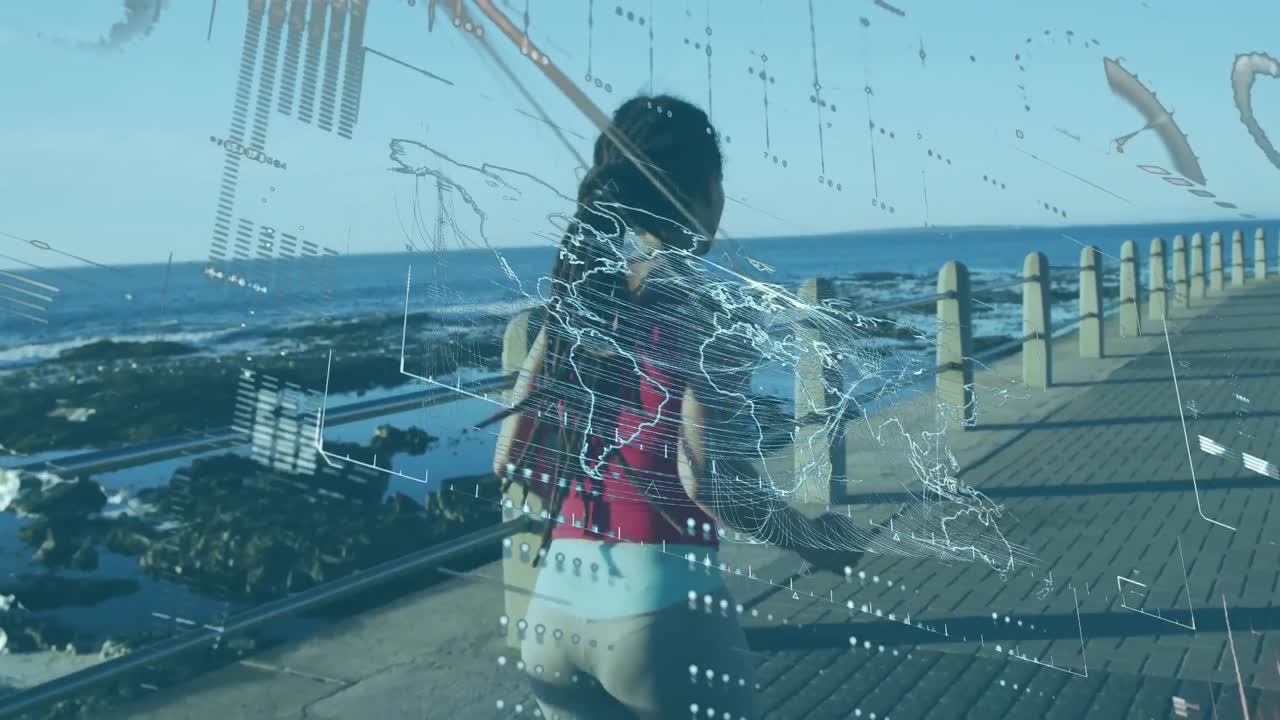 animación de un mapa del mundo con estadísticas sobre una mujer corriendo en un paseo marítimo