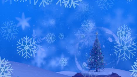 Animation-Von-Schnee,-Der-über-Den-Weihnachtsbaum-Fällt,-In-Schneekugeldekoration-Und-Winterlandschaft