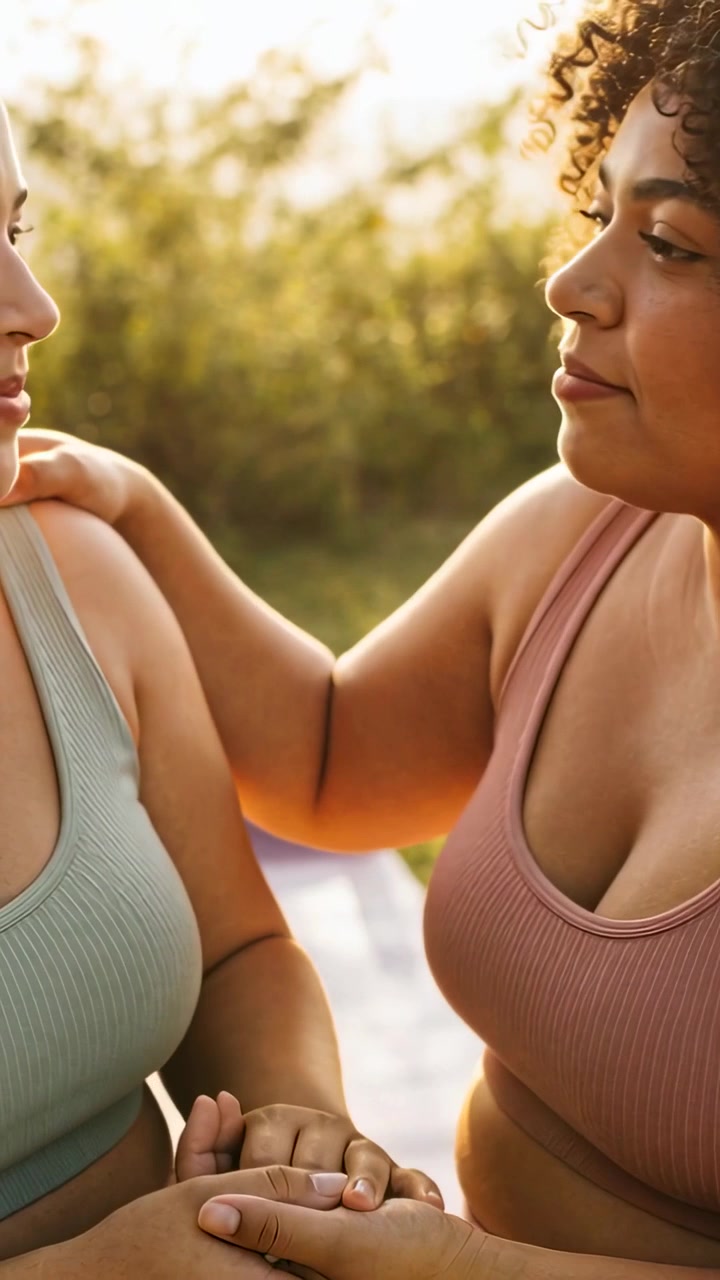 Video verticale: Una donna sorridente che allunga la mano, in canottiera, su un tappetino da yoga con un anello per il comfort.