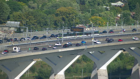 traffic on samuel de champlain bridge in brossard, quebec, helicopter aerial view