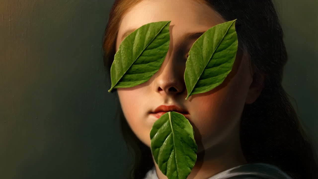 Portrait of a Woman with Leaves Covering Eyes and Mouth