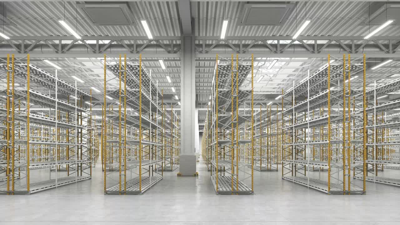 Bright warehouse interior hall with empty shelves. Camera horizontal infinite move in empty storage room.