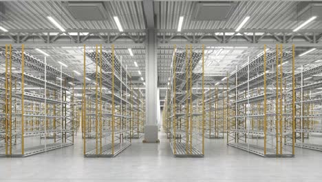 bright warehouse interior hall with empty shelves. camera horizontal infinite move in empty storage room.