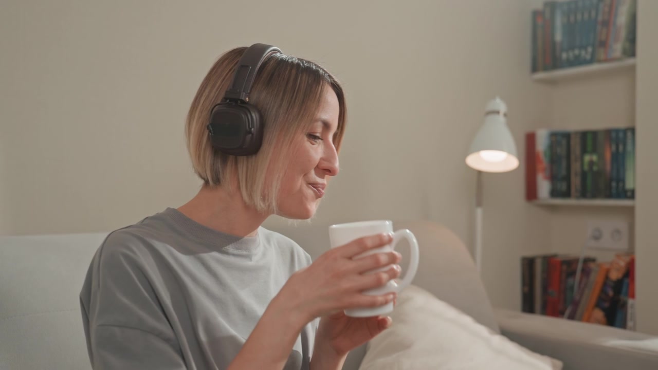 Donna bianca amante della musica che sorseggia caffè con le cuffie, primo piano di profilo alla luce soffusa della lampada, sfondo con libreria, sorriso gentile, leggero ondeggiamento, dita ritmiche, momento di ascolto privato, sera tranquilla