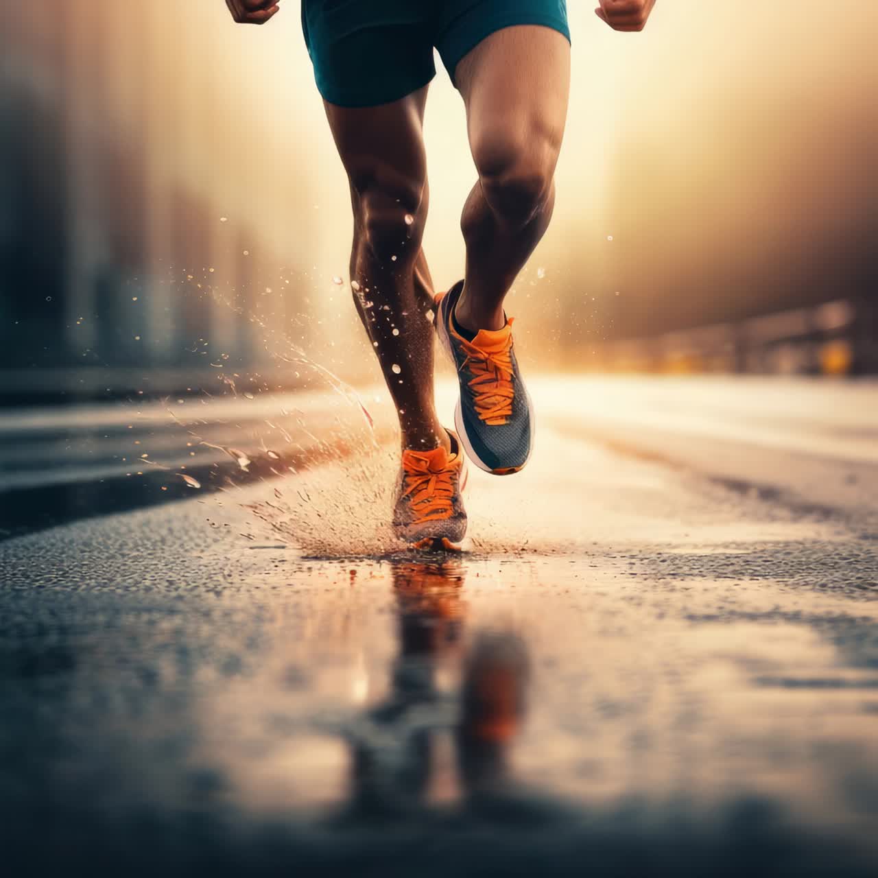 Dynamic low-angle shot of a runner's legs in motion on a wet street, capturing energy and speed