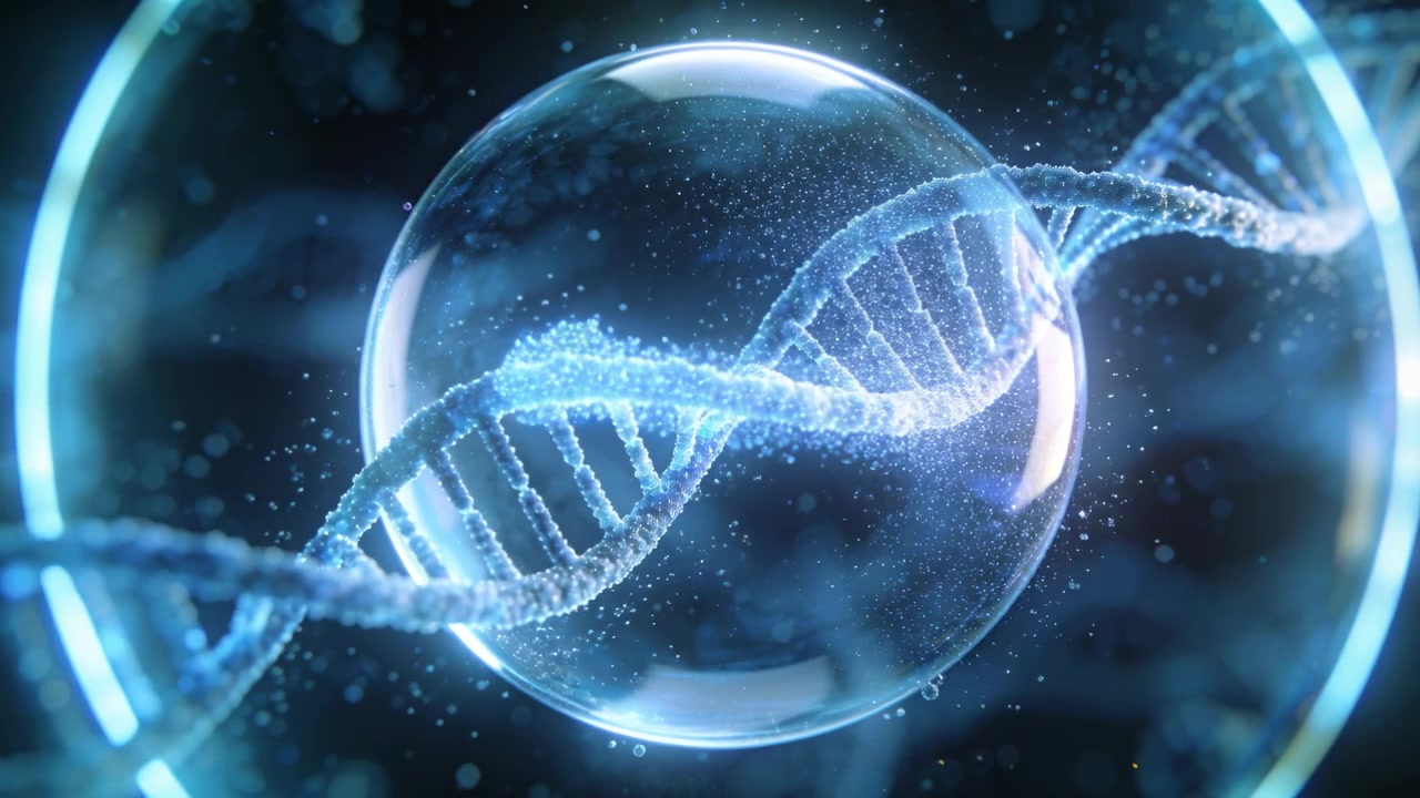 Approaching DNA helix meeting, sliding through clear sphere in lab forming particle mist near ring