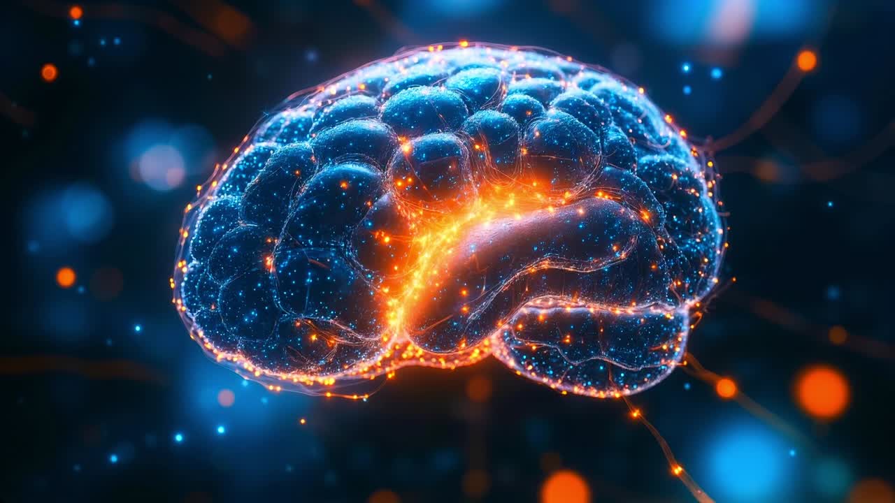 A glowing brain with glowing neurons in the middle of it