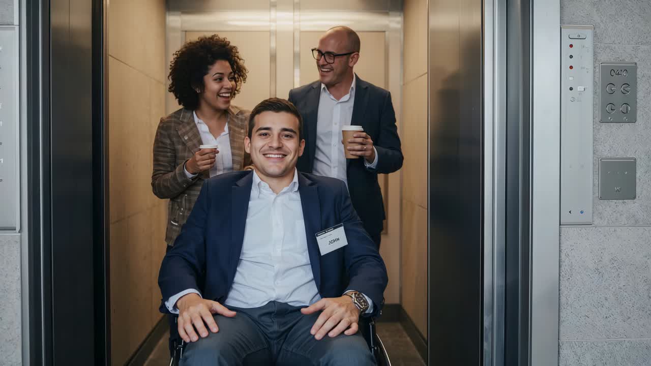 Smiling wheelchair user posing as doors open in elevator with badge, coffee cups, suits for meeting