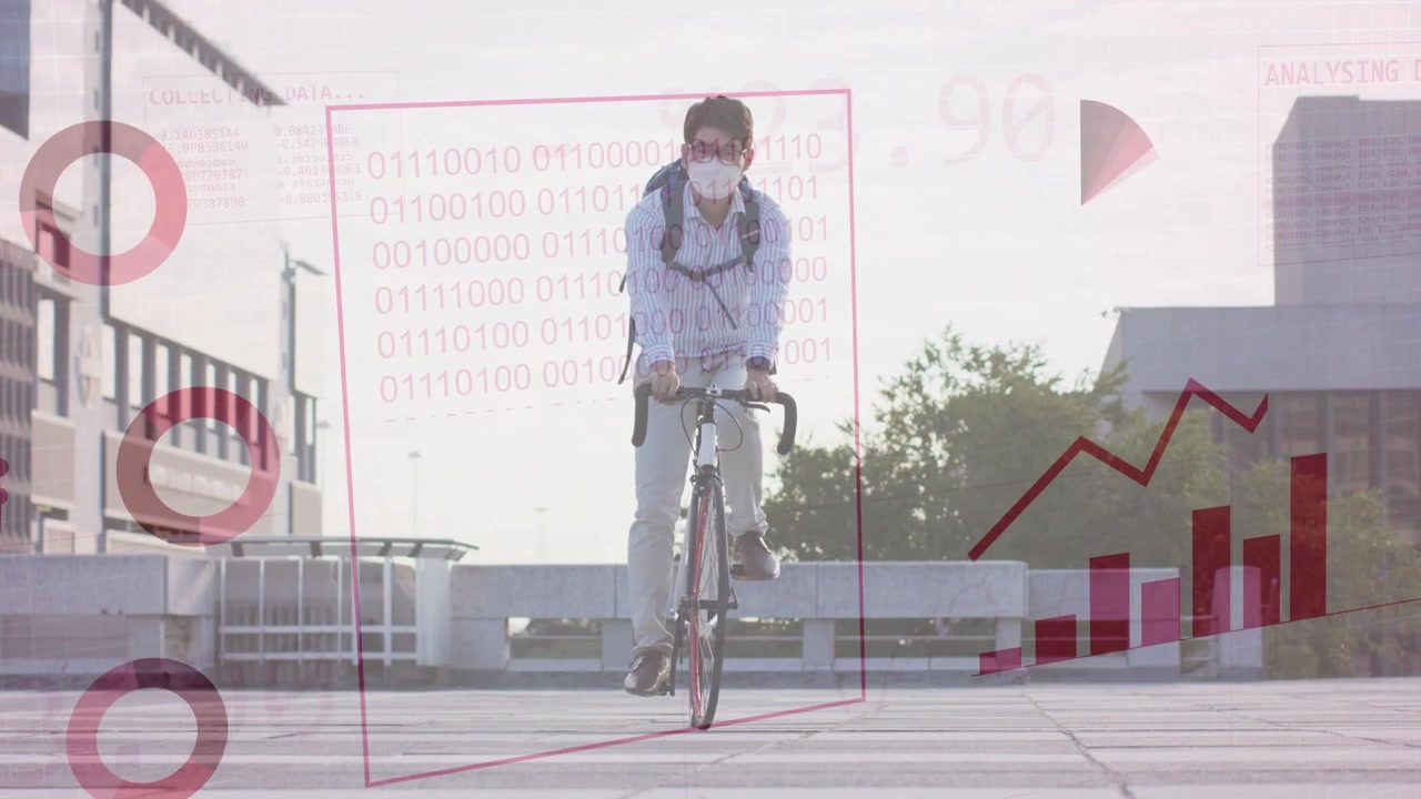 Male commuter riding bicycle toward camera causing data globe charts overlay showing urban commute