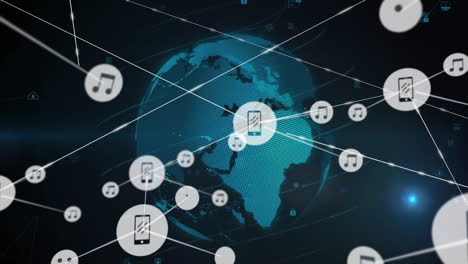 animation of network of connections with electronic device icons over globe